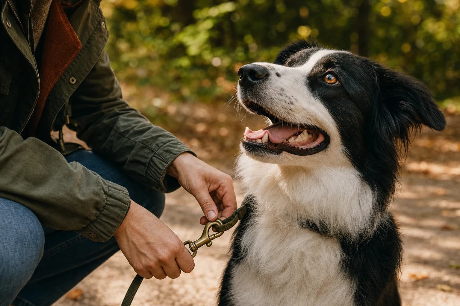 A happy border collie looking up as a leash is fastened